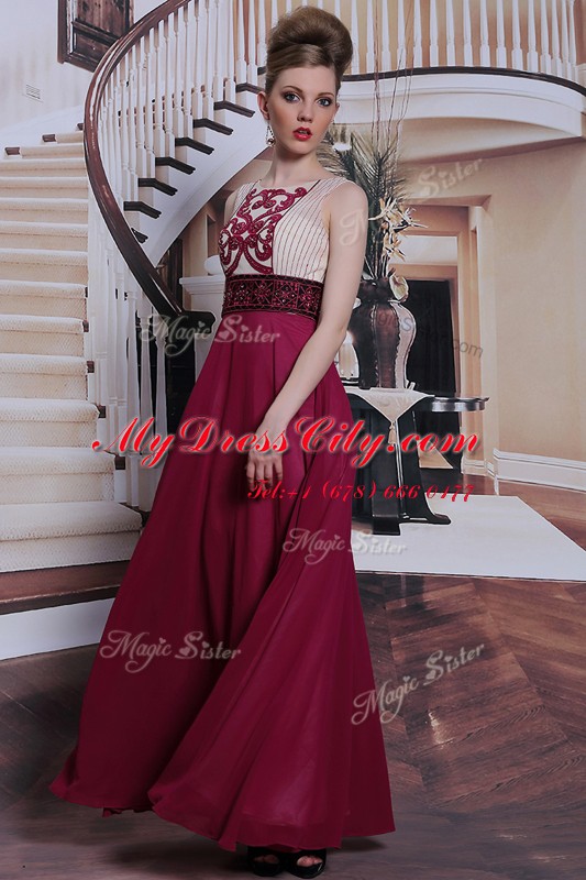 Sleeveless Floor Length Beading and Appliques Side Zipper Prom Gown with Burgundy