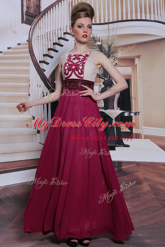 Sleeveless Floor Length Beading and Appliques Side Zipper Prom Gown with Burgundy