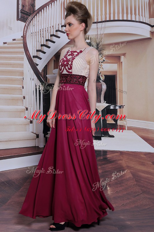 Sleeveless Floor Length Beading and Appliques Side Zipper Prom Gown with Burgundy