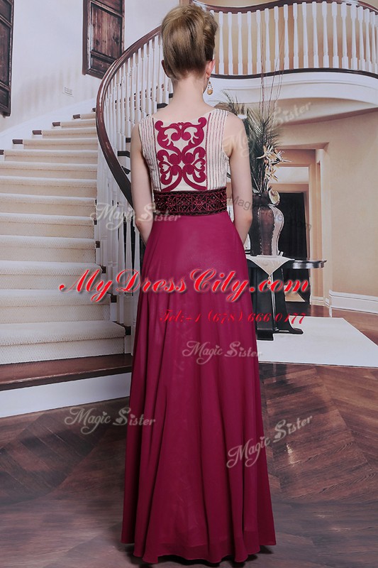 Sleeveless Floor Length Beading and Appliques Side Zipper Prom Gown with Burgundy