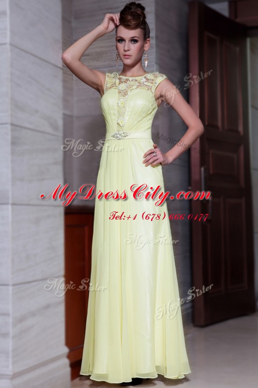 Column/Sheath Prom Dresses Light Yellow Scoop Chiffon Cap Sleeves Floor Length Zipper