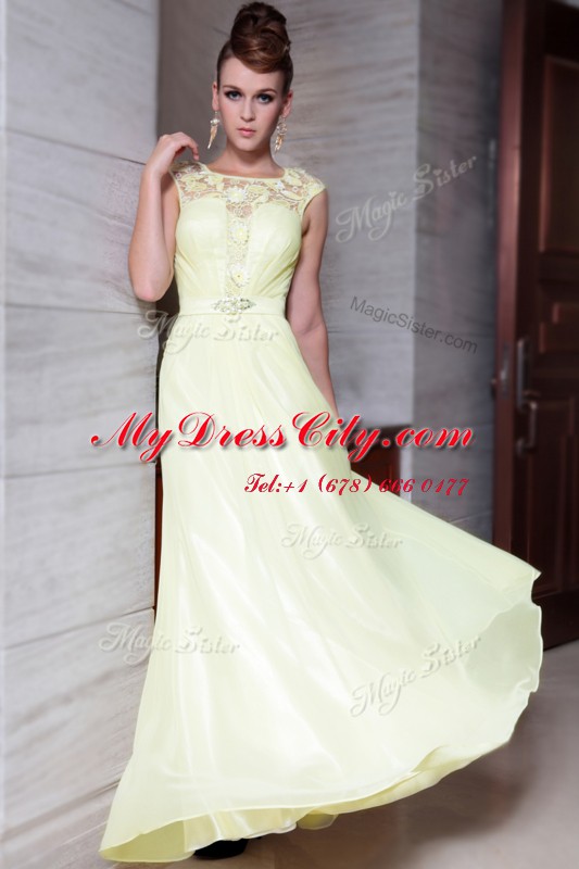 Column/Sheath Prom Dresses Light Yellow Scoop Chiffon Cap Sleeves Floor Length Zipper