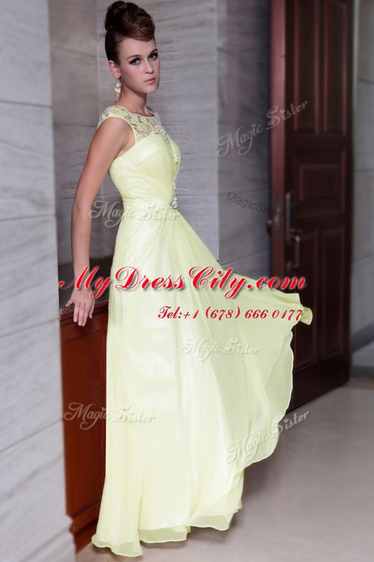 Column/Sheath Prom Dresses Light Yellow Scoop Chiffon Cap Sleeves Floor Length Zipper