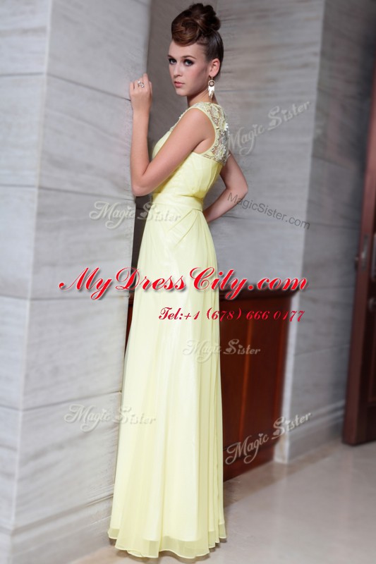 Column/Sheath Prom Dresses Light Yellow Scoop Chiffon Cap Sleeves Floor Length Zipper