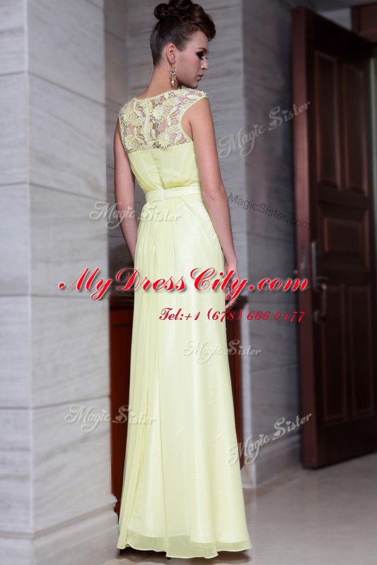 Column/Sheath Prom Dresses Light Yellow Scoop Chiffon Cap Sleeves Floor Length Zipper