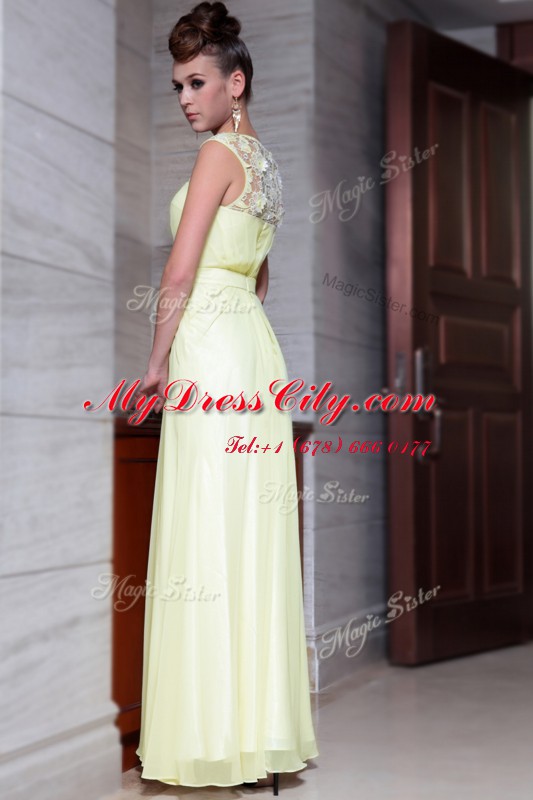 Column/Sheath Prom Dresses Light Yellow Scoop Chiffon Cap Sleeves Floor Length Zipper