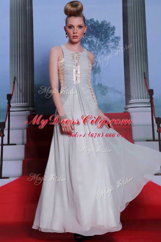 Exceptional Scoop Sleeveless Floor Length Beading and Appliques and Ruching Side Zipper Homecoming Dress with Silver