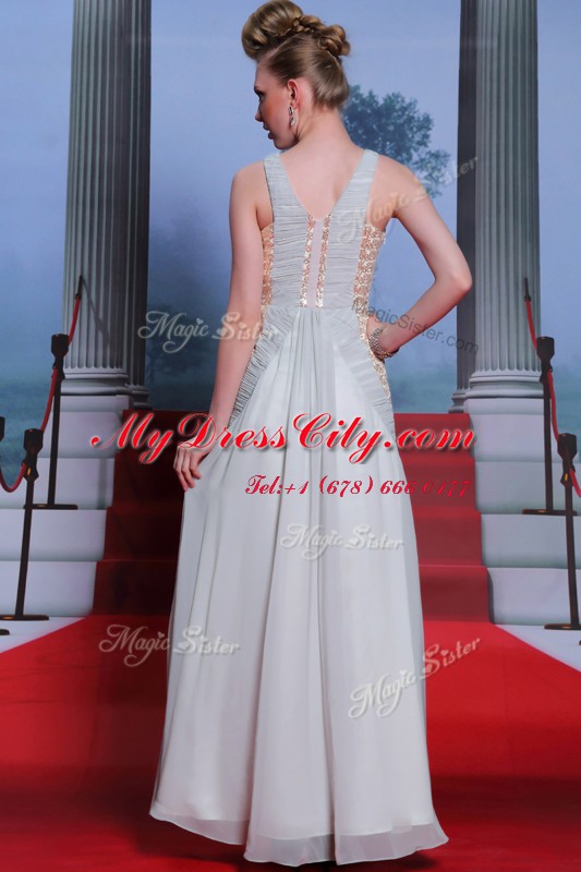 Exceptional Scoop Sleeveless Floor Length Beading and Appliques and Ruching Side Zipper Homecoming Dress with Silver