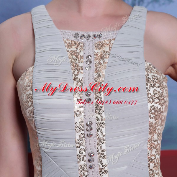 Exceptional Scoop Sleeveless Floor Length Beading and Appliques and Ruching Side Zipper Homecoming Dress with Silver