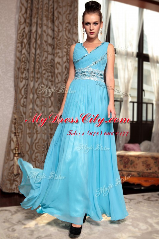 Lovely Baby Blue Prom Dresses Prom and Party and For with Beading and Appliques and Ruching V-neck Sleeveless Side Zipper