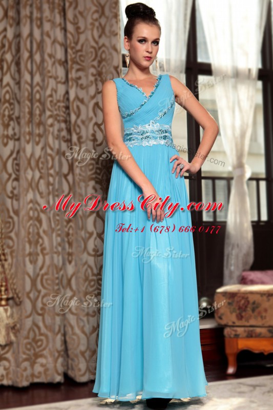 Lovely Baby Blue Prom Dresses Prom and Party and For with Beading and Appliques and Ruching V-neck Sleeveless Side Zipper