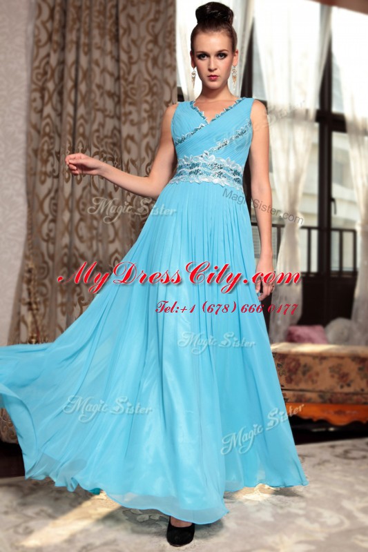 Lovely Baby Blue Prom Dresses Prom and Party and For with Beading and Appliques and Ruching V-neck Sleeveless Side Zipper