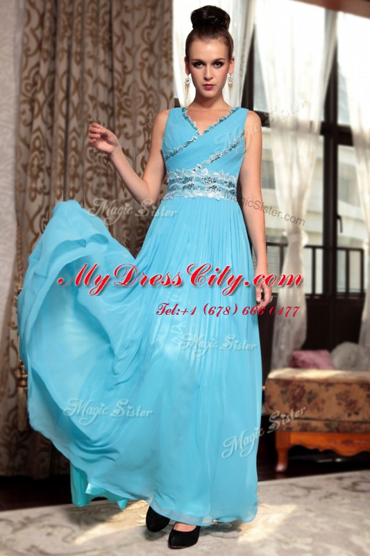 Lovely Baby Blue Prom Dresses Prom and Party and For with Beading and Appliques and Ruching V-neck Sleeveless Side Zipper