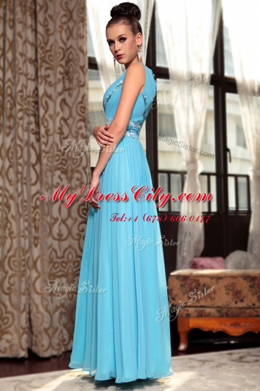 Lovely Baby Blue Prom Dresses Prom and Party and For with Beading and Appliques and Ruching V-neck Sleeveless Side Zipper