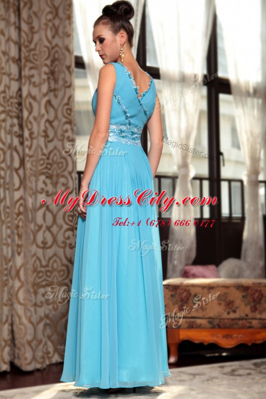 Lovely Baby Blue Prom Dresses Prom and Party and For with Beading and Appliques and Ruching V-neck Sleeveless Side Zipper