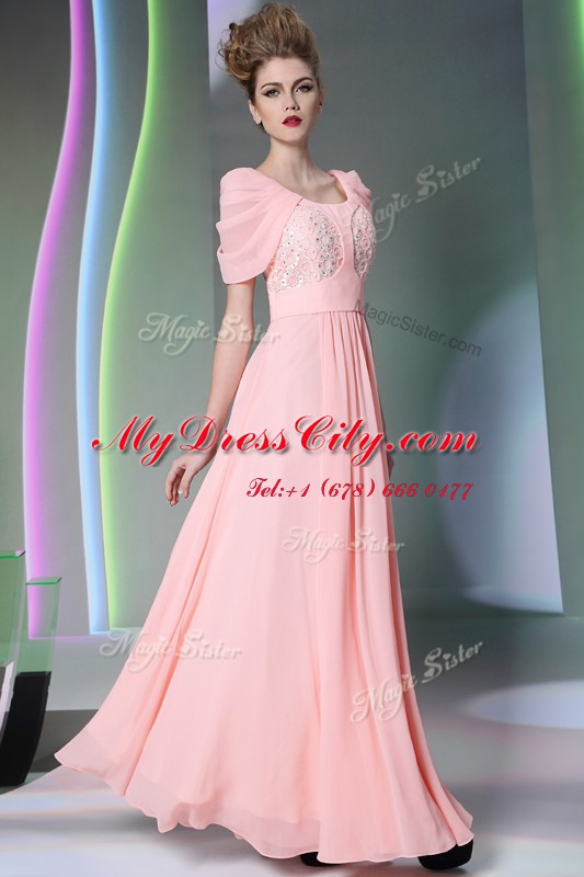 Customized Scoop Baby Pink Side Zipper Evening Dress Beading Cap Sleeves Floor Length