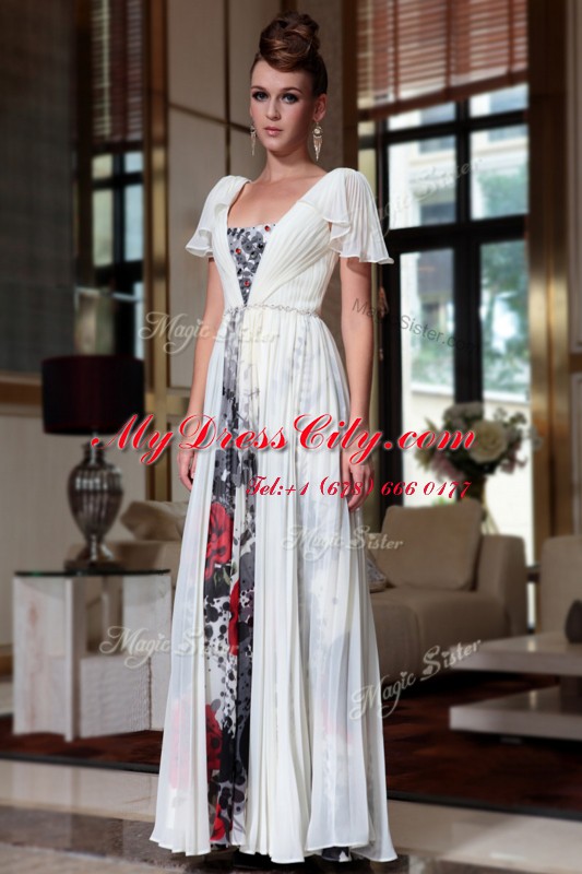 Off the Shoulder Multi-color Chiffon Zipper Homecoming Dress Cap Sleeves Ankle Length Beading and Pattern