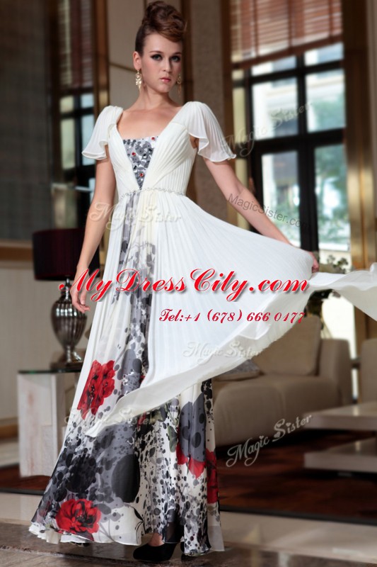 Off the Shoulder Multi-color Chiffon Zipper Homecoming Dress Cap Sleeves Ankle Length Beading and Pattern