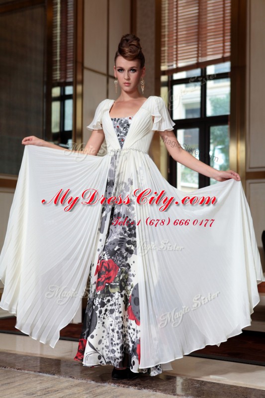 Off the Shoulder Multi-color Chiffon Zipper Homecoming Dress Cap Sleeves Ankle Length Beading and Pattern