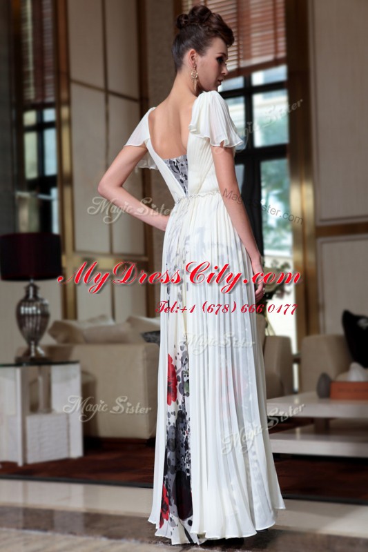 Off the Shoulder Multi-color Chiffon Zipper Homecoming Dress Cap Sleeves Ankle Length Beading and Pattern