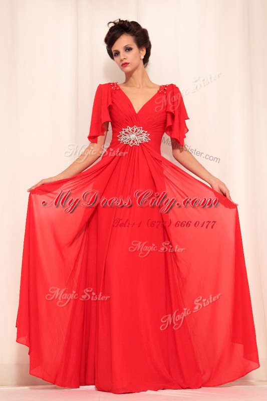 Red Short Sleeves Beading Floor Length Prom Gown