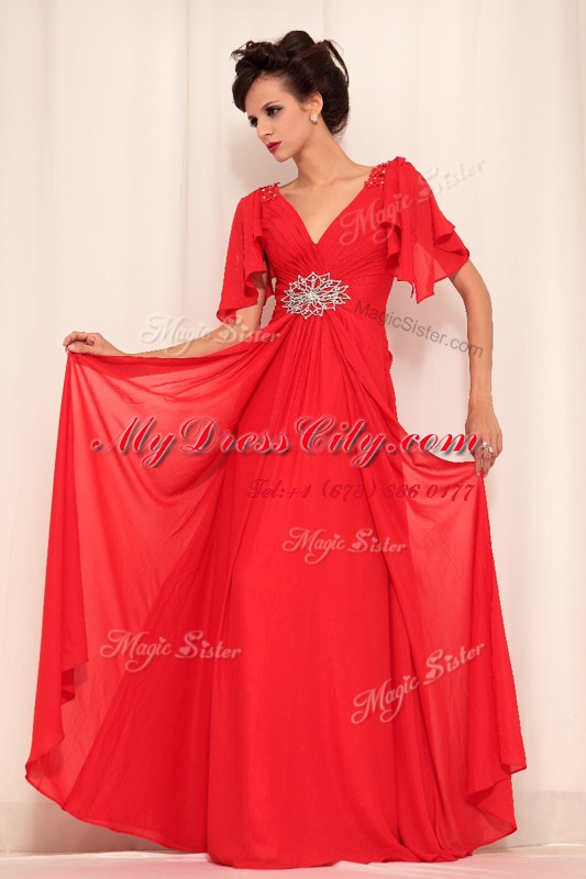 Red Short Sleeves Beading Floor Length Prom Gown