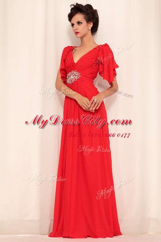 Red Short Sleeves Beading Floor Length Prom Gown