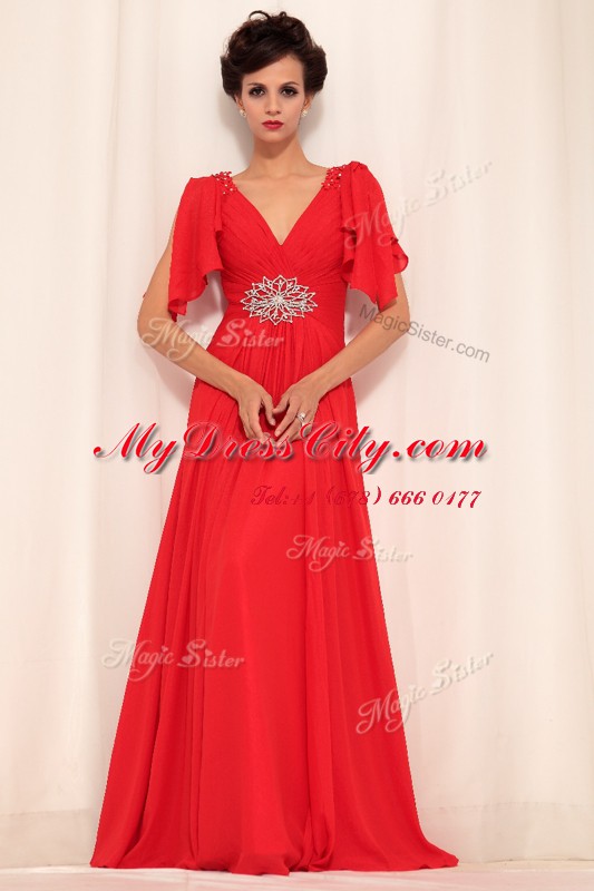 Red Short Sleeves Beading Floor Length Prom Gown