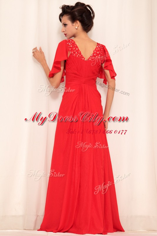 Red Short Sleeves Beading Floor Length Prom Gown