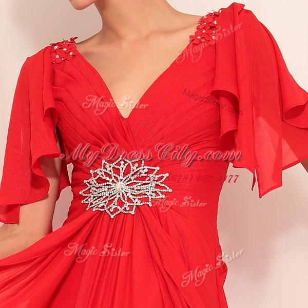 Red Short Sleeves Beading Floor Length Prom Gown