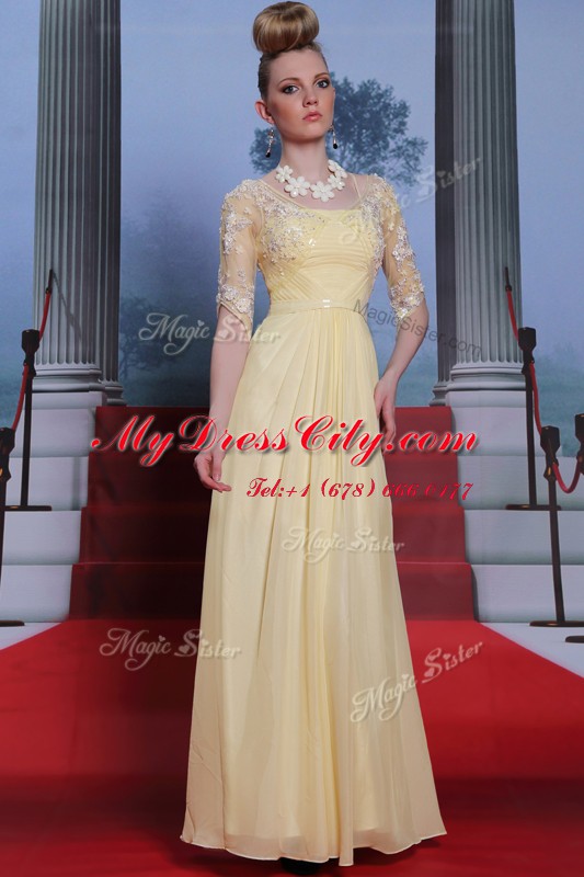 Custom Designed Chiffon Half Sleeves Floor Length Prom Evening Gown and Lace and Ruching