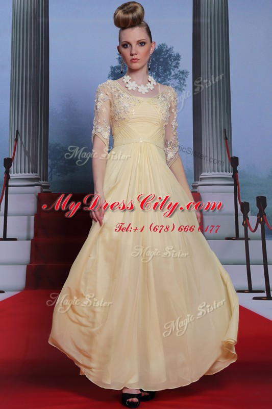 Custom Designed Chiffon Half Sleeves Floor Length Prom Evening Gown and Lace and Ruching