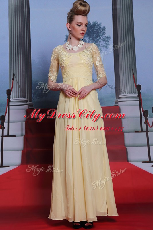 Custom Designed Chiffon Half Sleeves Floor Length Prom Evening Gown and Lace and Ruching