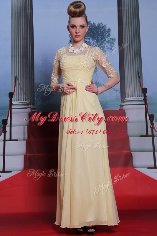 Custom Designed Chiffon Half Sleeves Floor Length Prom Evening Gown and Lace and Ruching