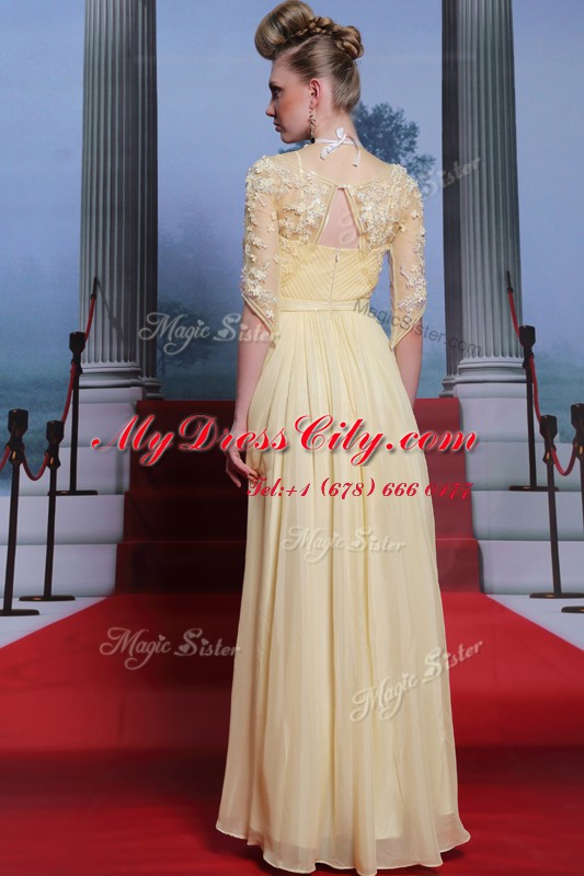 Custom Designed Chiffon Half Sleeves Floor Length Prom Evening Gown and Lace and Ruching