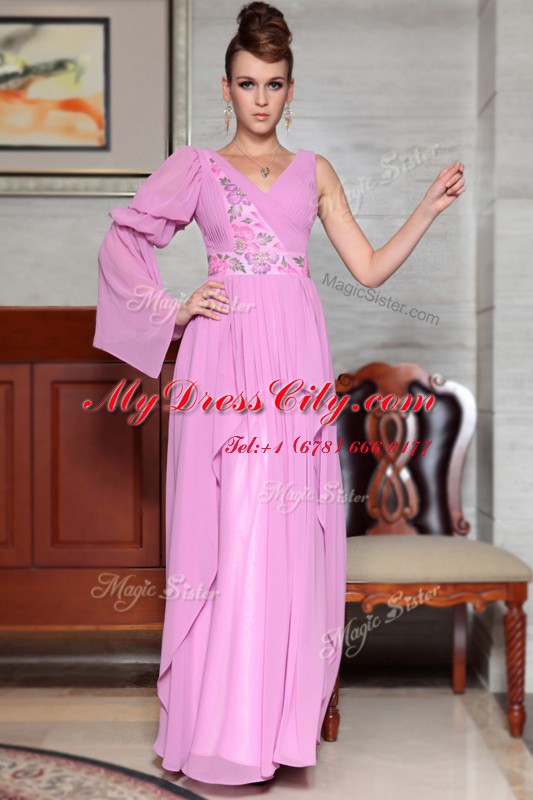 Lilac Chiffon Side Zipper V-neck Long Sleeves Ankle Length Beading and Ruching and Pattern