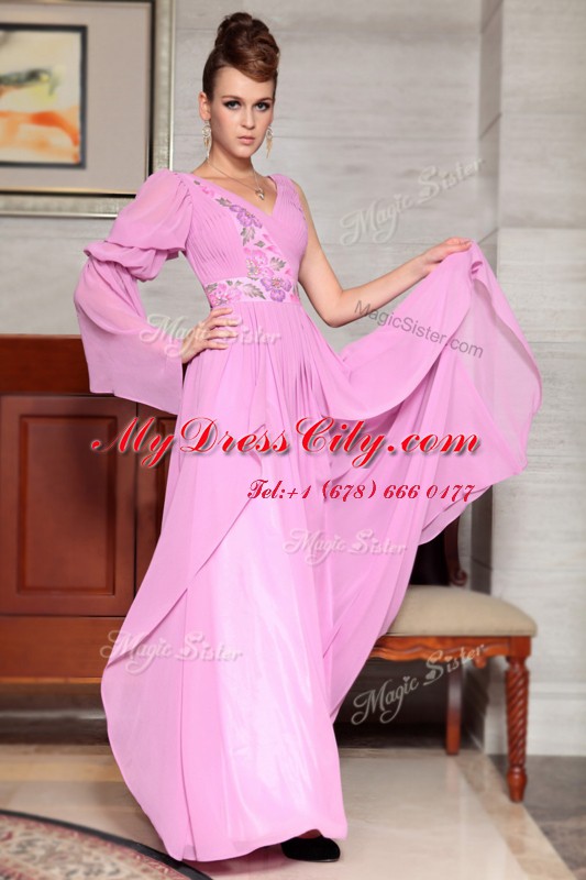 Lilac Chiffon Side Zipper V-neck Long Sleeves Ankle Length Beading and Ruching and Pattern