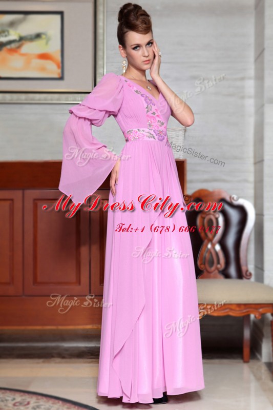 Lilac Chiffon Side Zipper V-neck Long Sleeves Ankle Length Beading and Ruching and Pattern