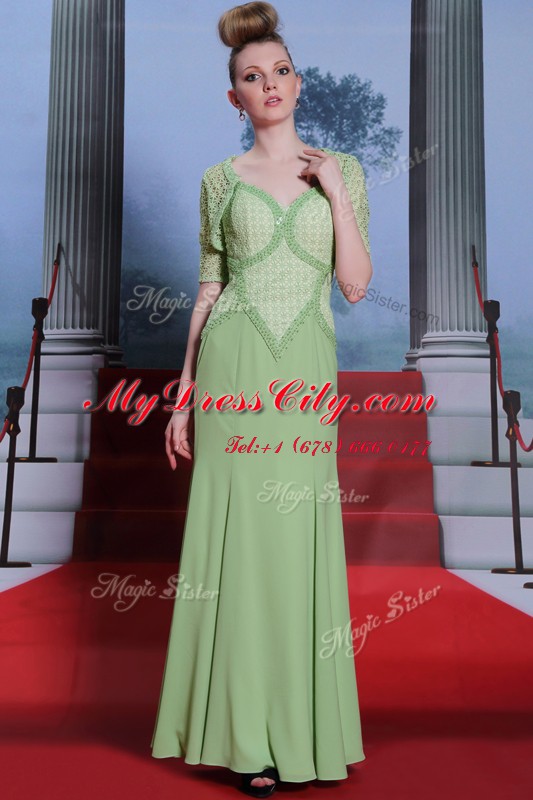 Luxurious Chiffon Spaghetti Straps Cap Sleeves Side Zipper Beading and Lace Prom Evening Gown in Olive Green