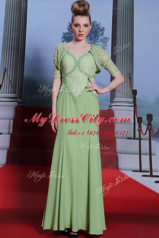 Luxurious Chiffon Spaghetti Straps Cap Sleeves Side Zipper Beading and Lace Prom Evening Gown in Olive Green