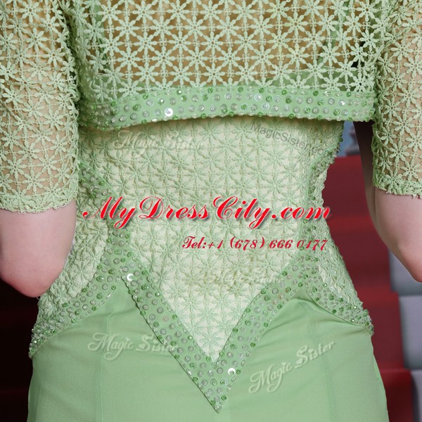 Luxurious Chiffon Spaghetti Straps Cap Sleeves Side Zipper Beading and Lace Prom Evening Gown in Olive Green