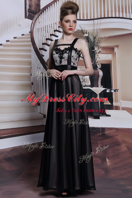 Ideal Floor Length Black Prom Dress Straps Sleeveless Criss Cross