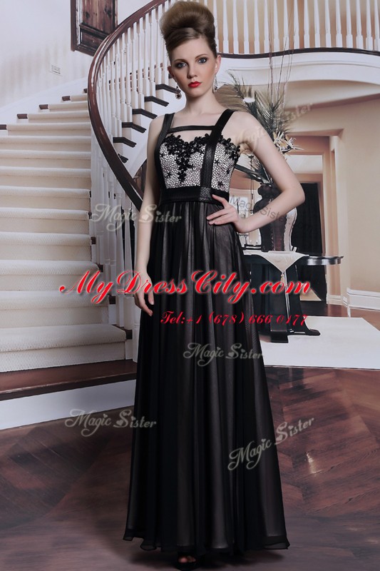 Ideal Floor Length Black Prom Dress Straps Sleeveless Criss Cross