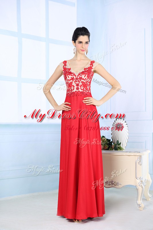 Luxurious Floor Length Zipper Evening Dress Coral Red for Prom and Party with Lace