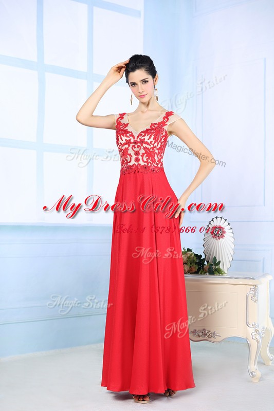 Luxurious Floor Length Zipper Evening Dress Coral Red for Prom and Party with Lace