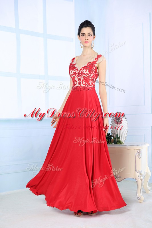 Luxurious Floor Length Zipper Evening Dress Coral Red for Prom and Party with Lace