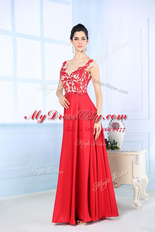 Luxurious Floor Length Zipper Evening Dress Coral Red for Prom and Party with Lace