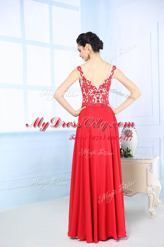 Luxurious Floor Length Zipper Evening Dress Coral Red for Prom and Party with Lace