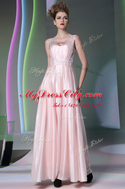 Clearance Floor Length Baby Pink Evening Dress Scoop Sleeveless Zipper