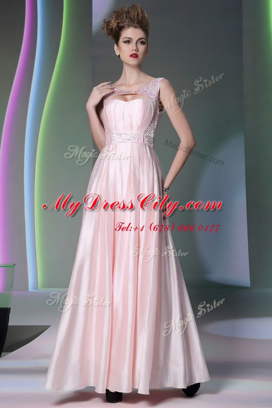 Clearance Floor Length Baby Pink Evening Dress Scoop Sleeveless Zipper